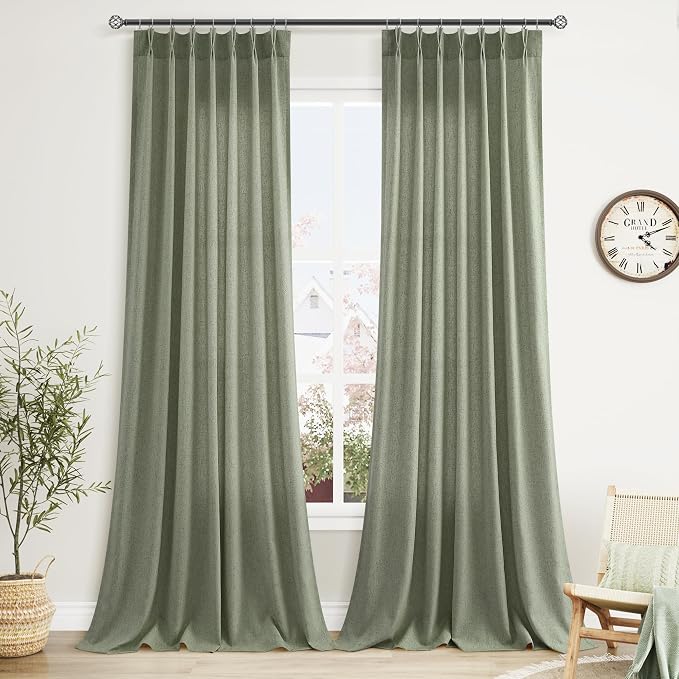 Aersas Light Sage Linen Pinch Pleat Curtains 102 Inches for Living Room Bedroom Light Filtering Sliding Glass Door Drapes Semi Sheer Privacy Flax Curtain Farmhouse Boho Home Decorations 40x102