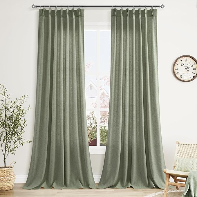 Aersas Linen Pinch Pleated Light Sage Long Curtains 120 Inches 2 Panels Set Flax Pleat Back Tab Drapes for Living Room Green Farmhouse Light Filtering Elegant Floor to Ceiling Curtain, 40x120