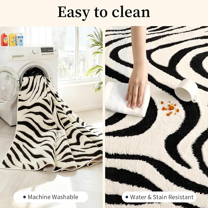 YIHOUSE Zebra Entryway Rugs 3×5: Modern Washable Non-Slip Small Area Rug | Black and Cream White Stripe, Textured High Low Pile, Fluffy Soft, Floor Carpet for Bedroom, Nursery, Living Room, Kids Room