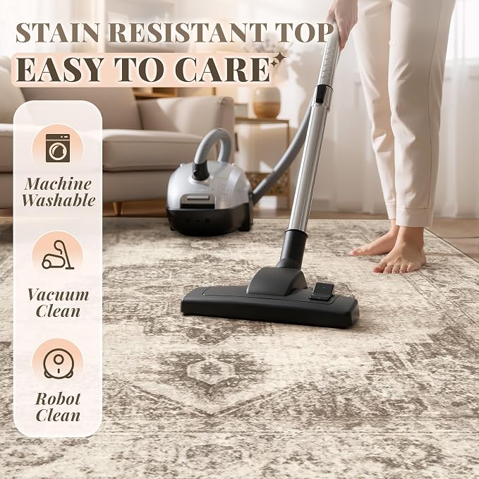 Area Rug 2x6 Runner Rugs: Washable Vintage Hallway Rug Indoor Medallion Rugs Low Pile Distressed Floor Carpet Retro Accent Rug for Kitchen Bedroom Bathroom Dining Room(Taupe, 2'x6')