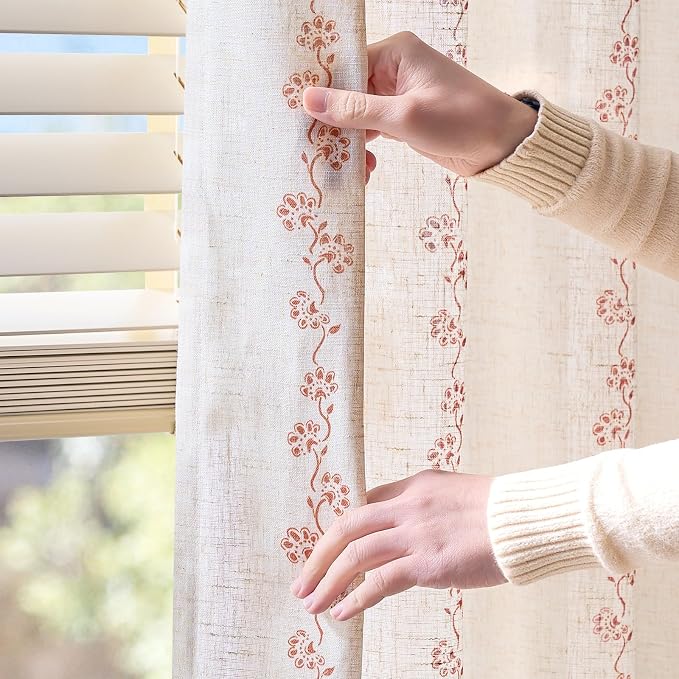 Lazzzy Cathy Linen Floral Curtains 63 inch Length for Kitchen Cute Privacy Curtains for Kids Room Rod Pocket Back Tab Light Filtering Drapes Farmhouse Cottagecore Decor 50"x63" Terracotta on Linen
