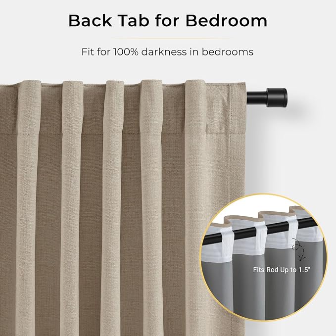INOVADAY 100% Blackout Curtains for Bedroom, Burlywood Birch Black Out Curtains 80 Inch Long, Clip Rings Linen Blackout Drapes, Thermal Insulated Room Darkening for Living Room, 2 Panels - W50xL80