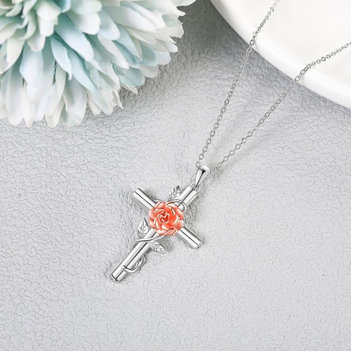 Flower Cross Necklace 925 Sterling Silver Carnation/Rose/Lily/Daisy Cross Necklace Birth Flower Jewelry for Women