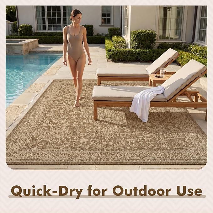 MontVoo-Outdoor Rug-Patio Rug 8x10 Polypropylene Indoor Outdoor Rugs Carpet for Patio Deck Balcony Porch, Textured Weave, Durable for High Traffic, Fade-Resistant, Vintage Medallion Neutral Brown