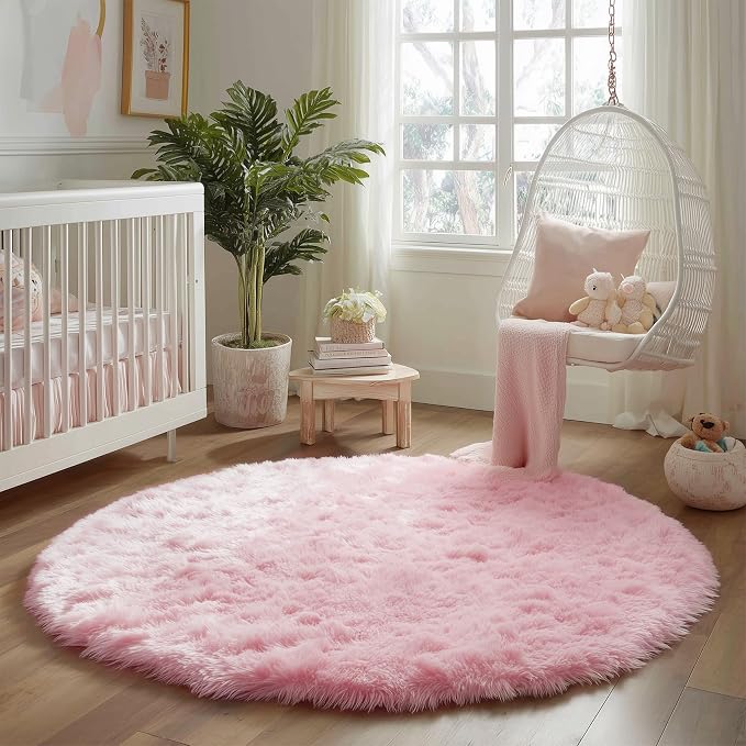 Amdrebio Pink Circle Round Fluffy Area Rug 4Ft for Girls Bedroom Kids Room | Fuzzy Shag Plush Furry Carpet, Nursery Classroom Dorm Office Playroom Decor, Cute Princess Aesthetic, Baby Toddler Corner