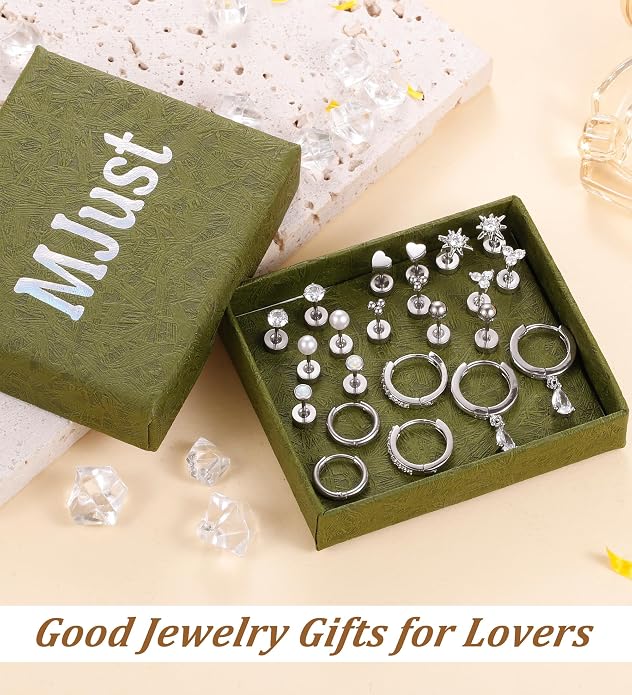 MJust 18 Pairs Women‘s Hypoallergenic Flat Back Stud Earrings, 20g Stainless Steel Earrings Sets for Men, Tiny Unisex Screw Back Cartilage Earrings.