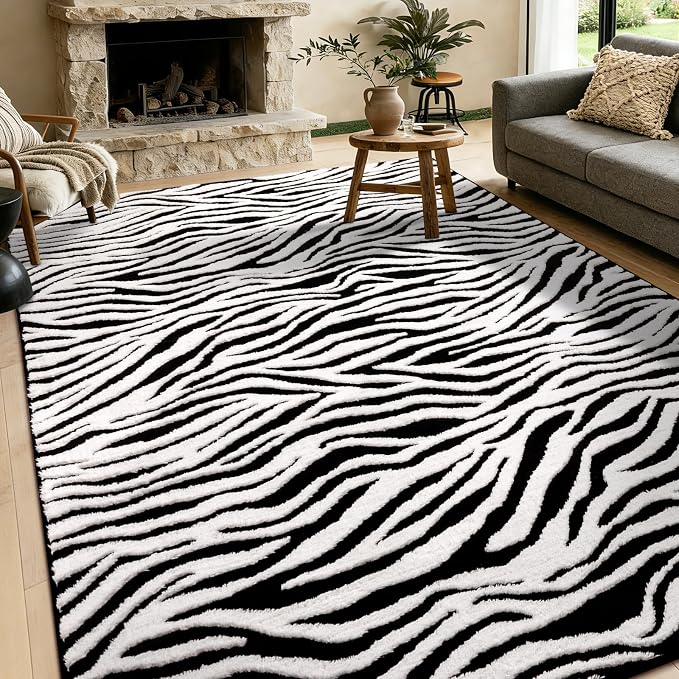 YIHOUSE 6×9 Ft Area Rugs, Black and White Modern Abstract Rug, Washable Plush Soft Zebra Print Carpet, Non-Slip Non-Shedding Rug for Living Room, Bedroom, Dining Room, Home Office Decor