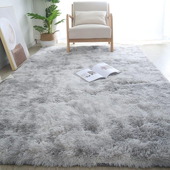 Grey Shag Area Rug 5x7 Bedroom - Soft Fluffy Carpet Tie-Dyed Light Gray | Artistic Tie-Dye Light Gray Unique Gradient Pattern Adds a Creative, Calming Touch That Blends Into Any Modern Bedroom Decor