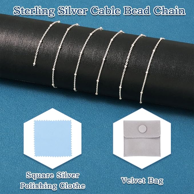 Elecrelive Sterling Silver Necklace for Women, 3.28 Feet Sterling Silver Satellite Ball Chains 2x1.2mm Permanent Jewelry Chains with Velvet Bags for Men Women Jewelry DIY Making
