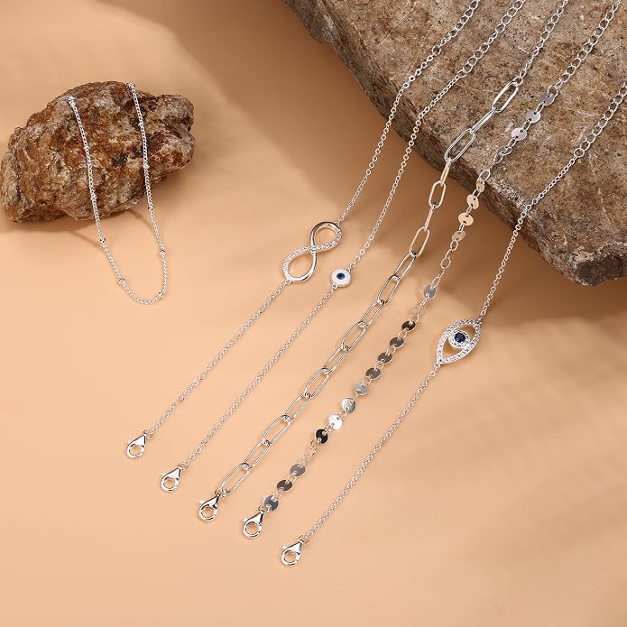 MILACOLATO 925 Sterling Silver Clasp Paperclip Chain Bracelets 14K White Gold Plated Solid Diamond-Cut Paperclip Chain Women Bracelet Adjustable Layered Satellite Beads Bracelets for Women