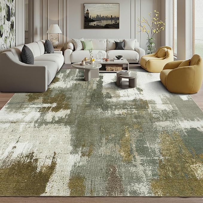 Kelarea Living Room Rug, 10x14 Rug Modern Abstract Washable Rugs, Green Vintage Low Pile Carpet, Non Slip Large Rugs for Bedroom, Dining Room, College Dorm, Home Office