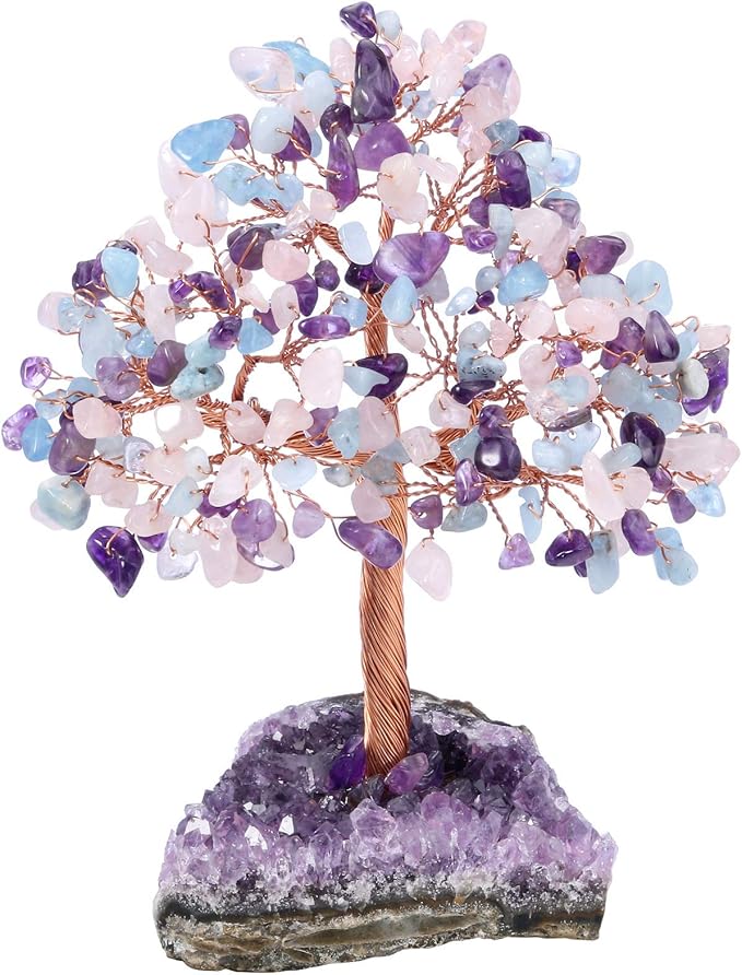 Jovivi Natural Amethyst + Aquamarine + Rose Quartz Healing Crystal Money Tree on Amethyst Cluster Geode Druzy Base Feng Shui Crystals for Home Office Desk Decorations, Wealth, Good Luck