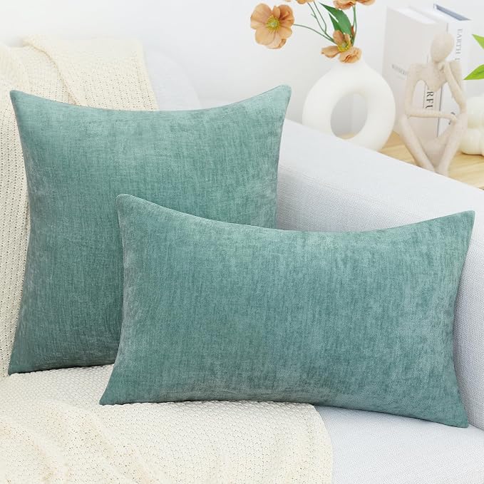 decorUhome Soft Chenille Aqua Haze Throw Pillow Covers 26X26 Set of 2 | Decorative Fall Couch Pillow Covers Solid Dyed Accent Modern Euro Sham Farmhouse Neutral Square Pillow Cases for Sofa