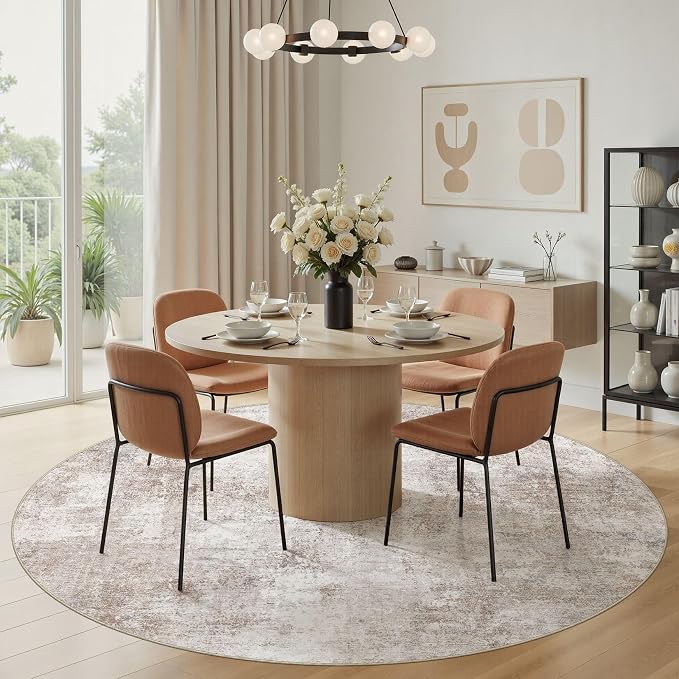 8ft Round Area Rugs for Living Room, 8x8 Washable Non Slip Soft Large Rugs for Bedroom Dining Room, Modern Abstract Low Pile Stain Resistant Carpet for Laundry Office Home Decor - Brown