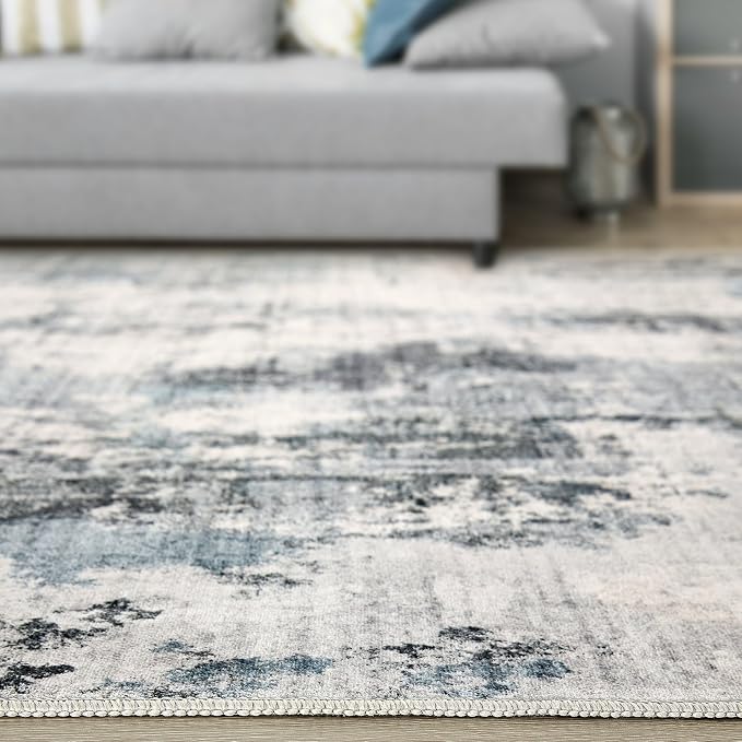 Abstract 2x8 Runner Rug: Machine Washable Non Slip Ultra Thin Low-Pile Carpet, Soft Stain Resistant for Hallway Kitchen Bathroom, Kid Pet Friendly, Robot Vacuum Compatible - Grey Blue
