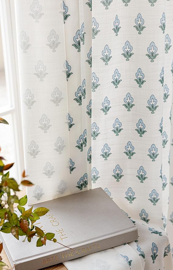 DrapePalette - Linen Blend Pinch Pleated Curtains 102 Inches Long for Living Room, Bedroom, Dining Room, Light Filtering Curtains 2 Panels Set, Modern Floral Printed Design, Indigo Bud, 30" W x 102" L