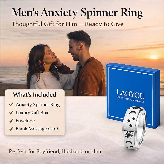 LAOYOU Fidget Anxiety Ring for Men | 8mm Spinner Band for Calming, Worry, Stress Relief & Mindfulness | Hypoallergenic Stainless Steel Comfort Fit Non Tarnish