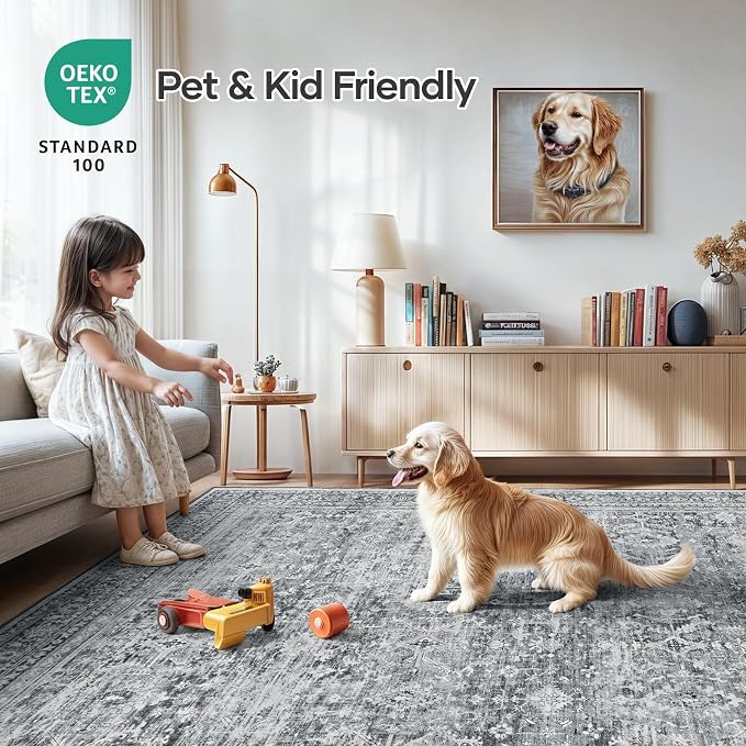 Lofus 8x10 Area Rug for Living Room,Grey Washable Large Rugs with Non-Slip Backing,Soft Neutral Carpets for Bedroom Dining Room Home Office Indoor Nursery