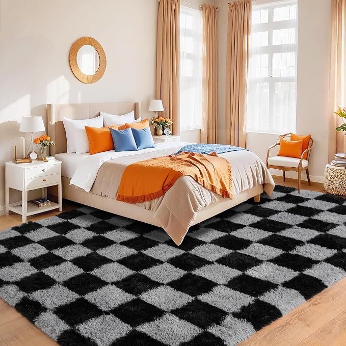 Pionblank Checkered Rug for Living Room, Modern Soft Shag 6x9 Area Rugs, Plush Fuzzy Carpet for Bedroom Girls Boys Room Home Nursery Teens Dorm Decor, Black and Grey