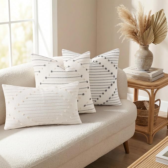 Mecatny Boho Summer Outdoor Throw Pillow Covers 12X20 Set of 2, Farmhouse Lumbar Pillow Covers for Couch Sofa Living Room, Beige & Cream White