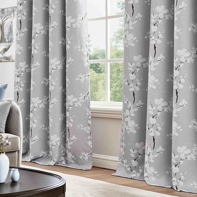 FMFUNCTEX 100% Blackout Grey Floral Curtains 63 Inch Long Grommet 2 Panels | Black Out Drapes,Thermal Insulated Cottage Farmhouse, Blossom Flower Patterned Curtain for Bedroom, Living Room Darkening