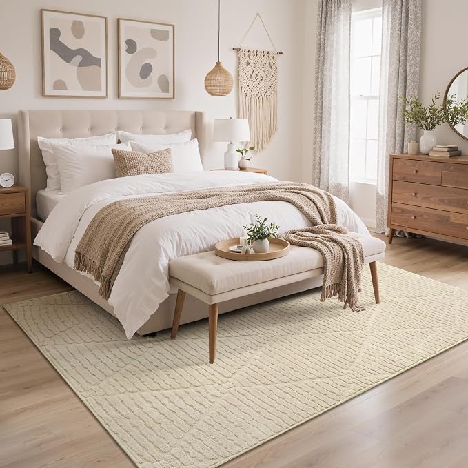 GENIMO Soft Washable Area Rugs 5x7, 3D Modern Diamond Design Rugs for Living Room, High-Low Pile Textured Non Slip Fuzzy Shag Carpet, Non-Shedding Stain Resistant Beige Carpet for Bedroom, Dining Room