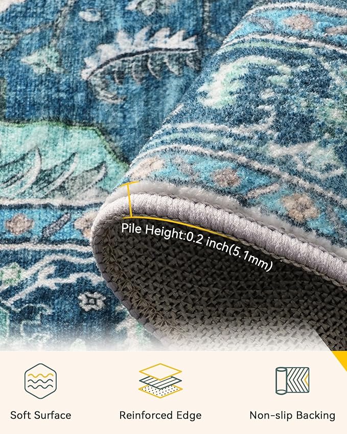 RELEANY Area Rugs 6'x9' Washable Non-Slip, Floral Vintage Distress Medallion Carpet for Living Room Bedroom Dining Room, Teal Green Lake Blue Turquoise