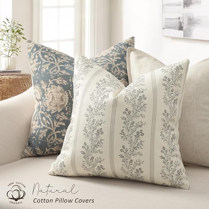 Vintage Throw Pillow Covers 20x20 Set of 2, Striped Floral Pillow Cover Botanical Patterned Decorative Cushion Covers Modern Farmhouse Home Decor for Sofa Couch Bed Living Room, Quiet Gray