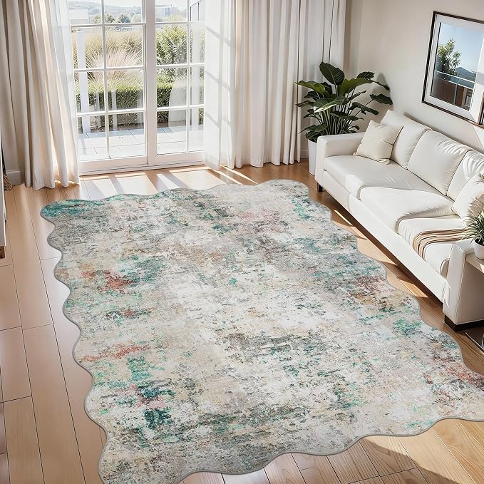 ROYHOME Modern Abstract Scalloped Area Rug 5x7 Non Slip Non Shedding Rug Low Pile Stain Resistant for Bedroom Living Room,Colorful