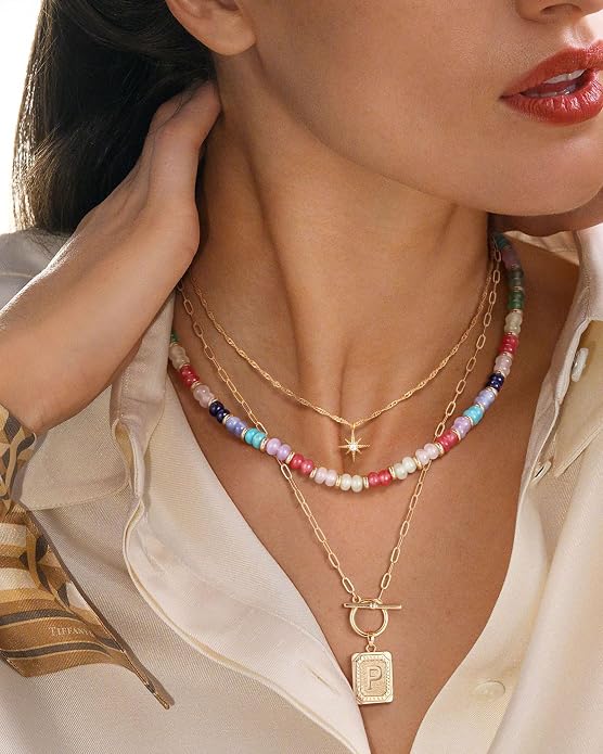 MJartoria Layered Initial Necklaces for Women Trendy, 14K Gold Plated Brass Simple Star Choker Square Letter Pendant Necklace, Colorful Beaded Necklaces Jewelry Gifts