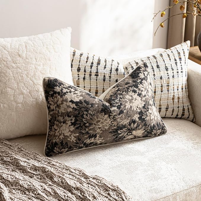 DEZENE Pack of 2 Vintage Floral Pillow Covers 12x20 Boho Farmhouse Accents Chenille Rectangular Lumbar Decorative Throw Pillow Cases for Living Room Couch Bed Home Decor, Taupe