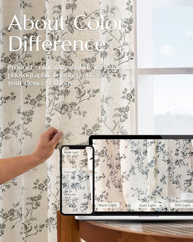 jinchan Black Floral Linen Curtains 84 Inch Farmhouse Back Tab 2 Panels | Flower patterned drapes, french country, printed, privacy, light filtering, bedroom, living room, dining room, home decor