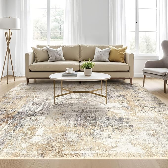 Square Rug 8x8 Living Room: Large Washable Abstract Modern Soft Area Rug Stain Resistant Indoor Floor Non-Slip Accent Carpet for Bedroom Nursery Playroom Dining Room Office Dorm Home Decor- Gray Gold
