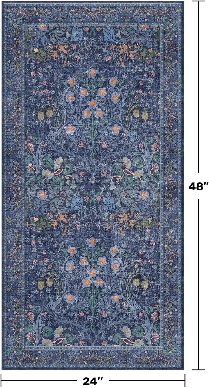 Dark Blue Washable 2x4 Entry Rug - Front Door Rugs Indoor, Vintage Floral Style Small Rug for Kitchen, Bathroom, Non-Slip Boho Navy Entryway Décor