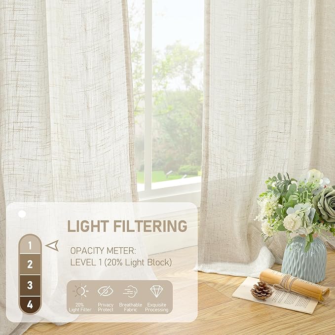 LAMIT Semi Sheer Linen Curtains 90 Inch Length, Cream Ivory Light Filtering Panels Back Tab and Rod Pocket Decor Drapes for Bedroom/Living Room, Natural, 2 Panels, 34 x 90 Inch