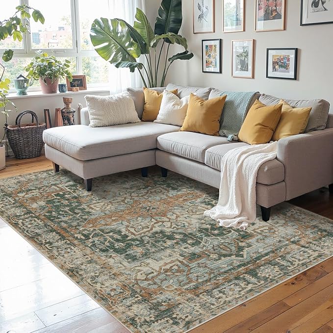 Rugxara Green 4x6 Area Rug Washable Rug for Living Room Bedroom Office | Non Slip, Throw Rug for Entryway Dining Room Kids Room, Stain Resistant, Soft, Low Pile, Vintage Boho Retro Carpet