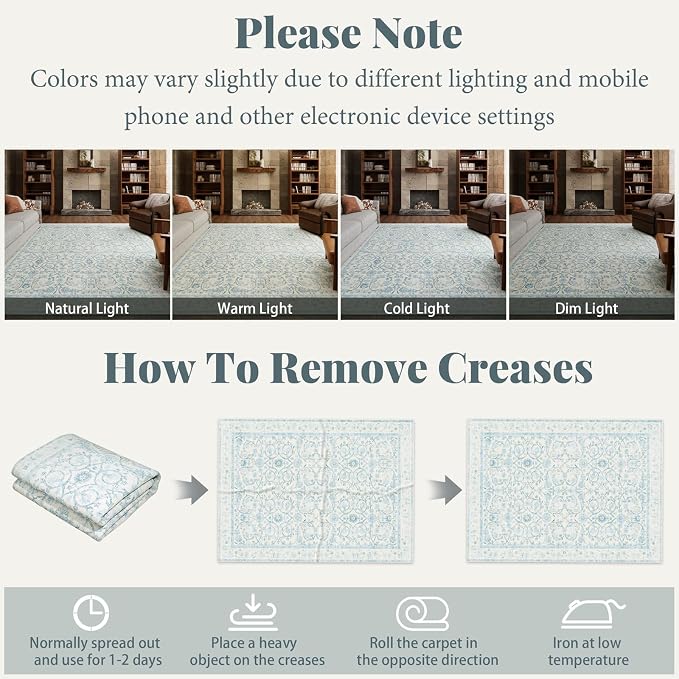 Washable Rugs for Living Room: 9x12 Area Rugs for Bedroom Ultra Soft Non-Slip Low Pile Vintage Boho Large Carpet for High-Traffic Dining Room - Farmhouse Decor