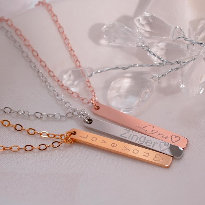 Personalized Vertical Bar Name Necklace, Custom Engraved His and Hers Couples Pendant in Old English Cursive or Block Script, 16K Gold Silver Plated Stainless Steel, Anniversary Birthday Gift