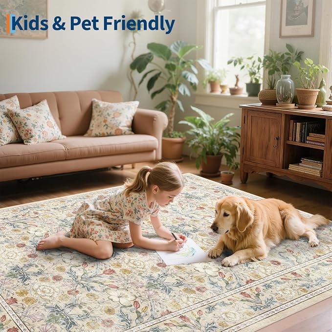 GarveeHome Beige Washable Area Rug 5x7, Retro Floral Low Pile Non Slip Living Room Rug Soft Cottage Core Rug Farmhouse Indoor Carpet for Bedroom Dining Room Playroom