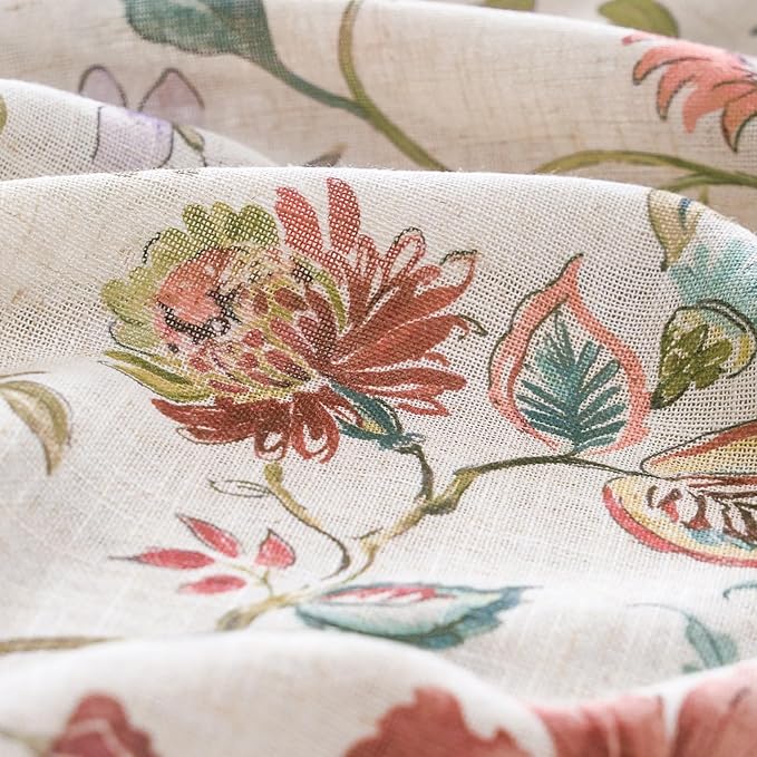 jinchan Beige Floral Linen Curtains 96 Inch Semi Sheer Back Tab 2 Panels | Vintage, farmhouse, cottage core, light filtering, semi sheer, flower, drapes, living room, bedroom, rod pocket, home decor