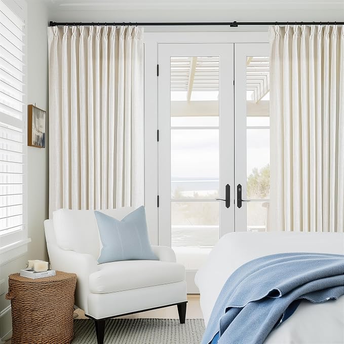 TWODRAPES Pinch Pleated Extra Wide Curtain Panels 90 Inches Long 70 Wide Linen Curtain for Patio Sliding Glass Door Cream Hooks Rings Semi Sheer Privacy 90 Inch Length for Living Room 70x90 1 Panel