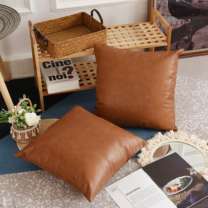 Tosewever Faux Leather Throw Pillow Covers, 16 x 16 inch Set of 2 Luxury Cognac Brown Modern Pillowcases Solid Decorative Square Cushion Cases for Bedroom Living Room Couch Bed Sofa (Brown, 16" x 16")