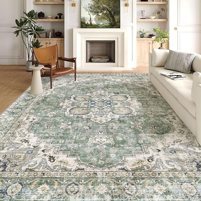 LUXRUG Area Rugs 10x14 Living Room - Large Washable Sage Green Boho Rugs for Bedroom Soft Vintage Rug Ultra-Thin Farmhouse Oriental Carpet Medallion Rug for Dining Room Guest Room Home Decor