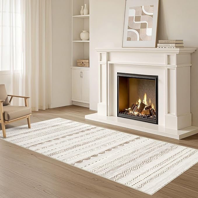 Nakagishi Runner Rug Kitchen Washable Rugs: 3x8 Non-Slip Boho Soft Modern Stain Resistant Indoor Floor Neutral Farmhouse Throw Carpet for Hallway Bathroom Laundry Room Entryway Bedroom- Brown