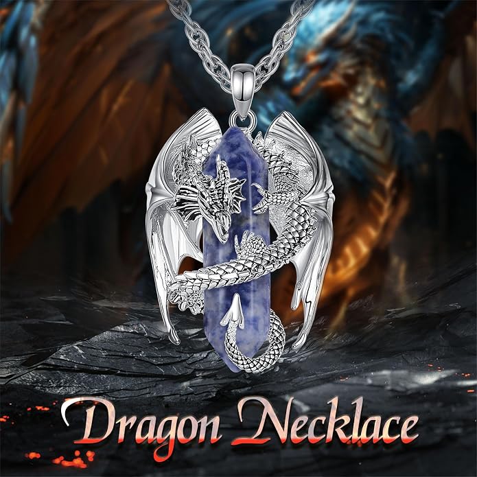 INFUSEU Unique Dragon Necklaces with Healing Crystal Stone for Men Women, Personalized Spiritual Gifts, 24 Inch Chain