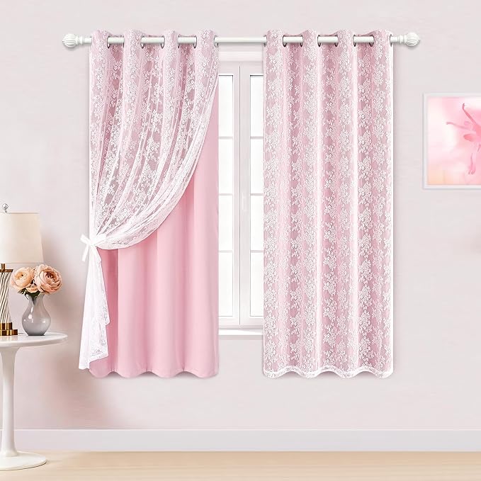 Yinhua Pink Blackout Curtains for Bedroom Double Layer Nursery Curtains for Living Room 63 Inch Length 2 Panels Set Kid Curtain with Floral Sheer Overlay, Grommet Drapes with Tiebacks, 52" W x 63" L