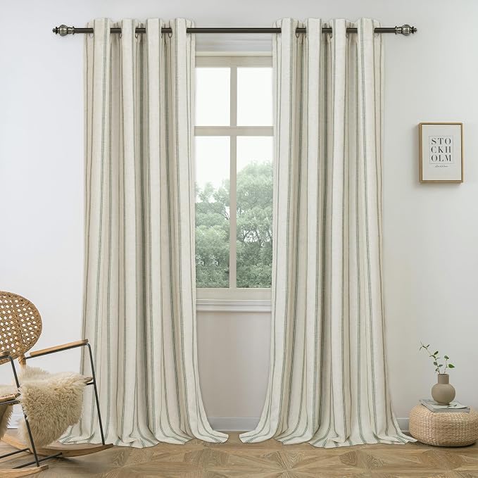 DriftAway Farmhouse Stripe Blackout Curtains, Grommet, W52xL84, Loden Green | Blackout, Linen Texture, Stripe Pattern, Rod Pocket & Back Tab, Two Layers, Bedroom Living Room Use, Sound Reducing Design