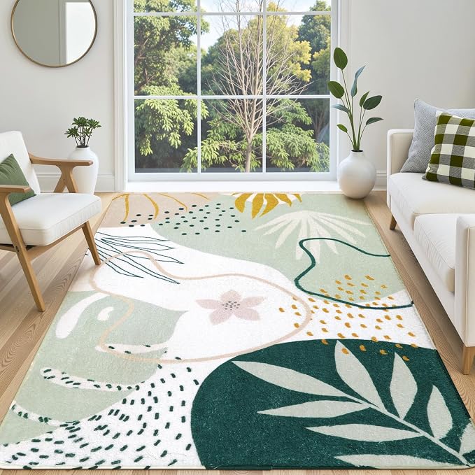Lahome Green Machine Washable Large Rug - 8 x 10 Area Rugs for Living Room Non-Slip Lightweight Throw Boho Rugs, Soft Botanical Print Indoor Floor Carpet for Bedroom Office Dining Room Classroom
