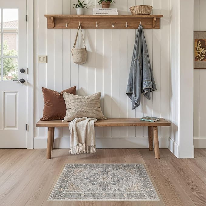 Tortania Area Rug 2x3 Doormat - Washable Vintage Oriental Farmhouse Soft Thin Indoor Carpet for Living Room Bedroom Hallway Entryway Kitchen - Brown Gray