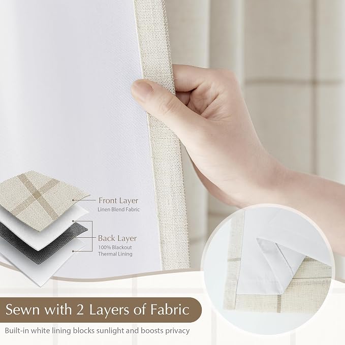 DriftAway 100% Blackout Windowpane Plaid Linen Curtains 54 Inches Taupe | Double Layer Farmhouse Drapes for Living Room Bedroom Yarn Dyed Woven Thermal Insulated Rod Pocket Back Tab 2 Panels